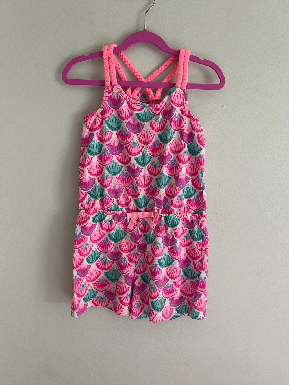 Tommy Bahama Girls Mermaid Shell Print Romper in Bright Pink & Teal